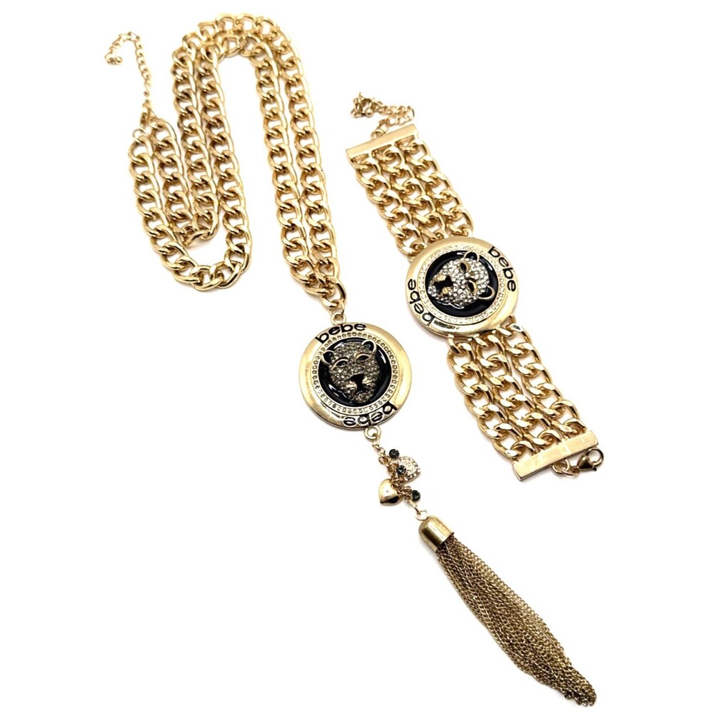 bebe Cheetah Pendant Necklace Bracelet Set Rhinestones Gold Tone Chunky Runway